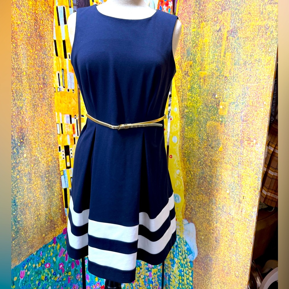 Calvin Klein pleated Navy and White Dress Sz 10P